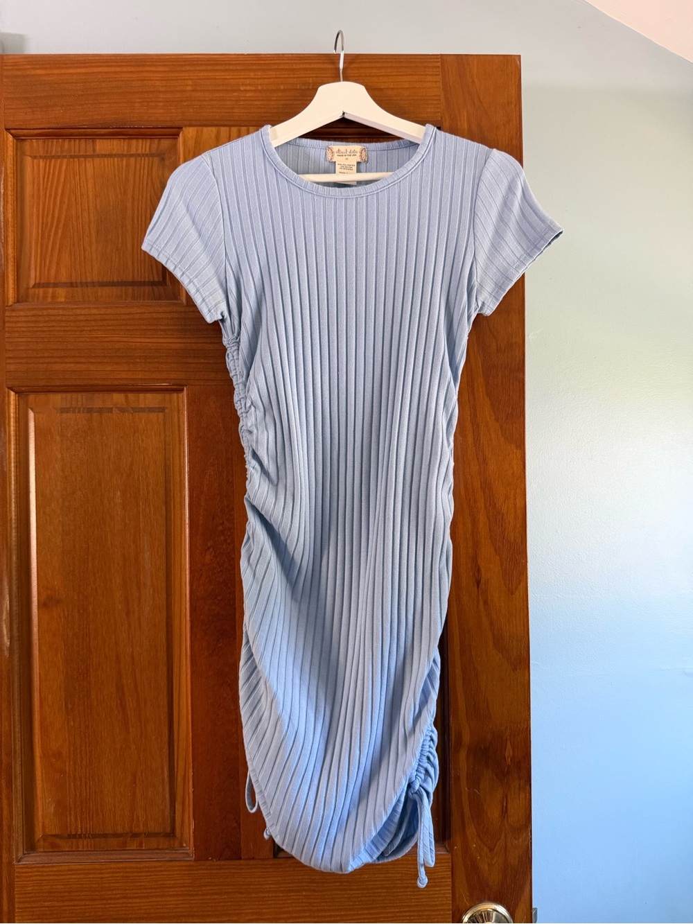 Altar'd State Light Blue Ribbed Short Sleeve Midi with Side Ruching